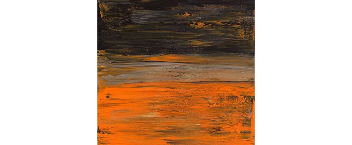  COLORIZONS Colorizon 6 : Taming The Light, 2007 Spatula technique, acrylic structured color base on canvas with multi colored layers expanding in horizontal direction 80 x 60 cm Horizons over land and sea. Black, orange and gold horizontal overlapping color layers on structured color base. 0127 