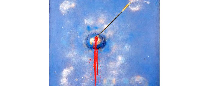  SPHERES & VORTICES Spheres 1990 : "Bleeding Earth" Acrylics on canvas, mixed media, 3D 170 x 150 cm An arrow hits the earth 0001