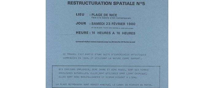 Noël Dolla, trace de la performance Restructuration Spatiale n° 5, 1980, Promenade des Anglais, plage, Nice